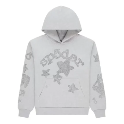 Sp5der Rhinestone Beluga Hoodie Heather Grey Front