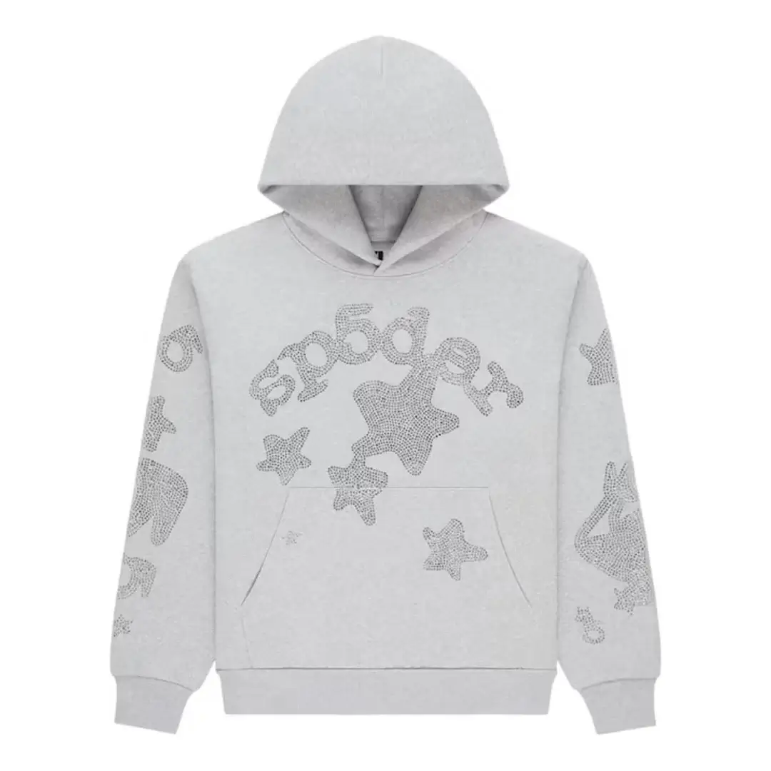 Sp5der Rhinestone Beluga Hoodie Heather Grey Front Sp5der Rhinestone Beluga Hoodie Heather Grey Front