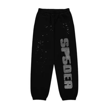 Sp5der Rhinestone Silk Sweatpant Black Front