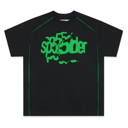 Sp5der Contrast Stitch Slub Tee Black Front