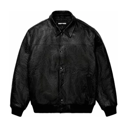 Sp5der Debossed Web Leather Jacket Black Front