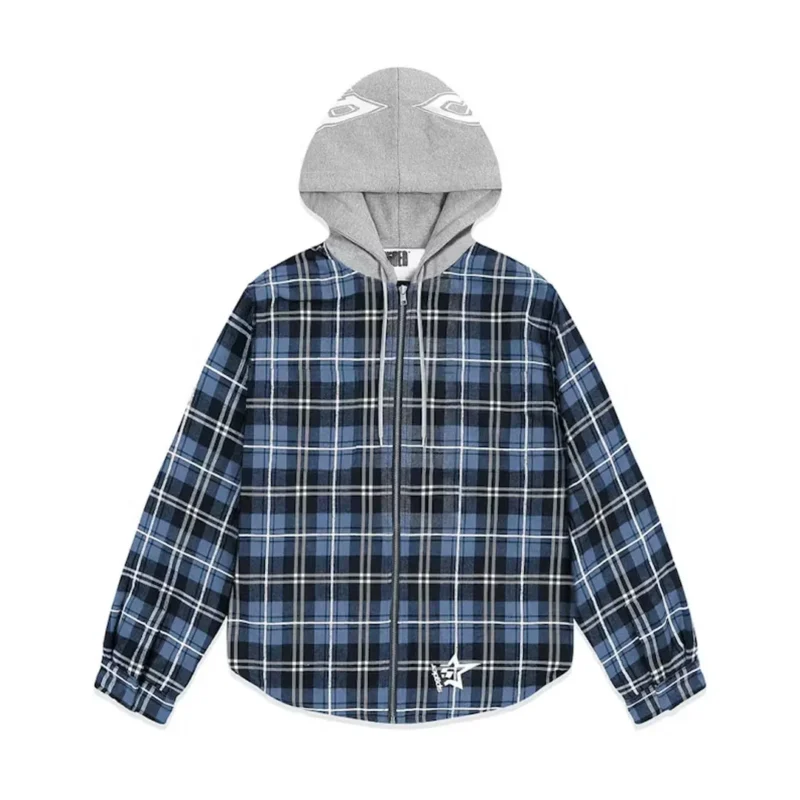 Sp5der Hooded Zip Flannel Shirt Jacket Blue Plaid Front