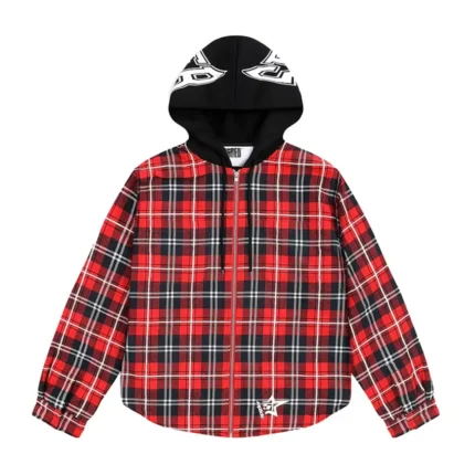 Sp5der Hooded Zip Flannel Shirt Jacket Red Plaid Front