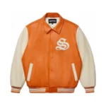 Sp5der Leather Varsity Jacket Orange Front