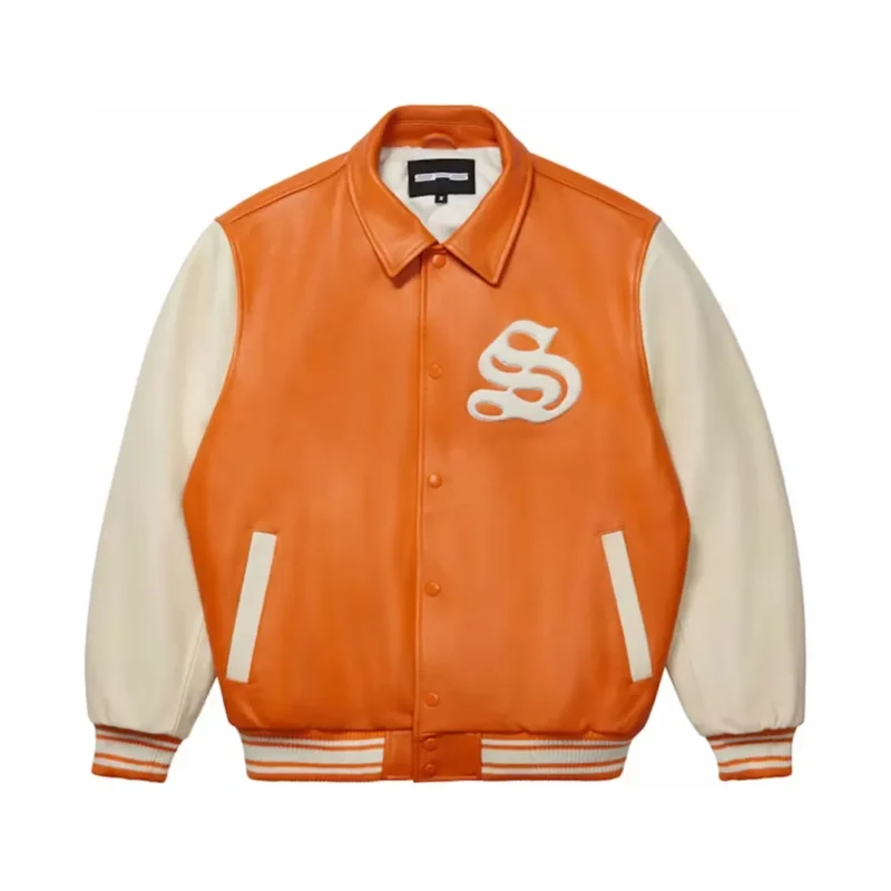 Sp5der Leather Varsity Jacket Orange Front