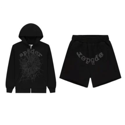 Sp5der OG Web V2 Phantom Hoodie & Short Set Black Front