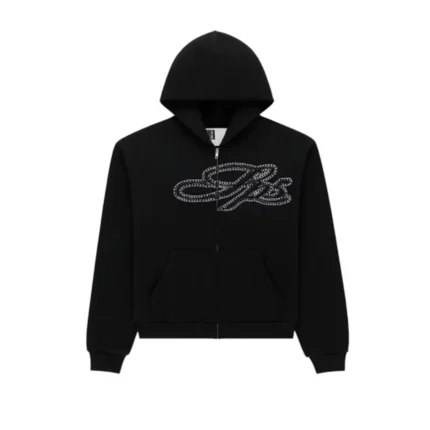 Sp5der Rhinestone Script Zip Hoodie Black Front