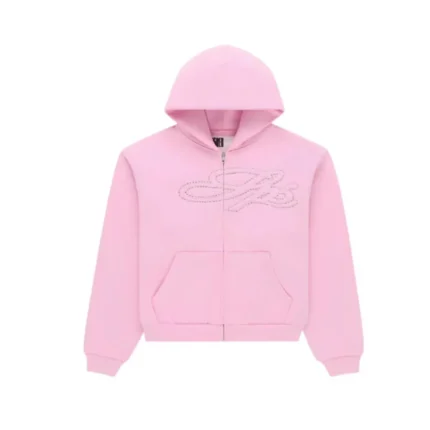 Sp5der Rhinestone Script Zip Hoodie Light Pink Front