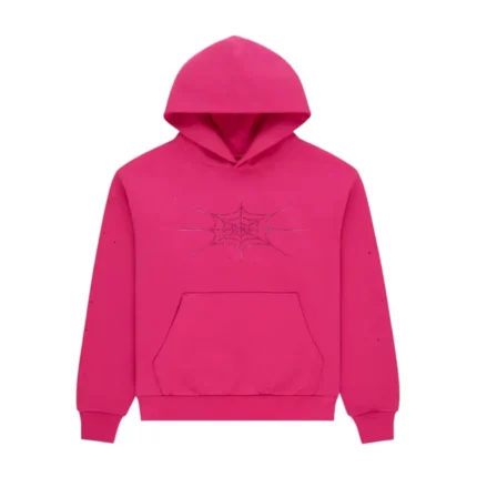 Sp5der Rhinestone Silk Hoodie Pink Front