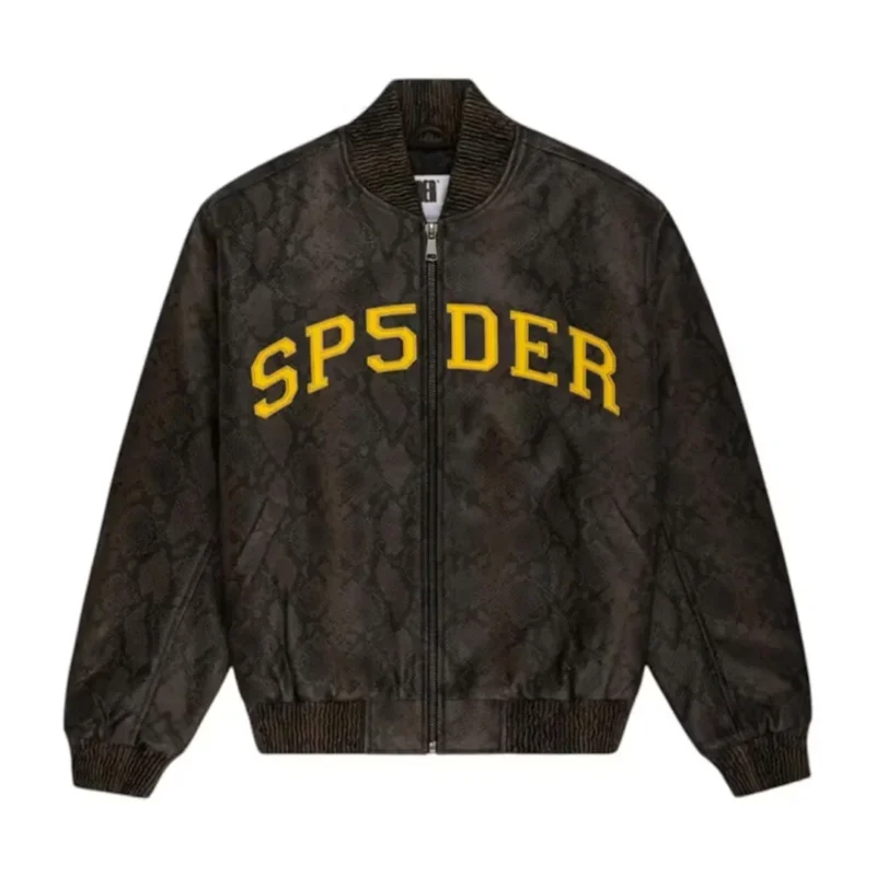 Sp5der Snake Leather Varsity Bomber Jacket Brown Front