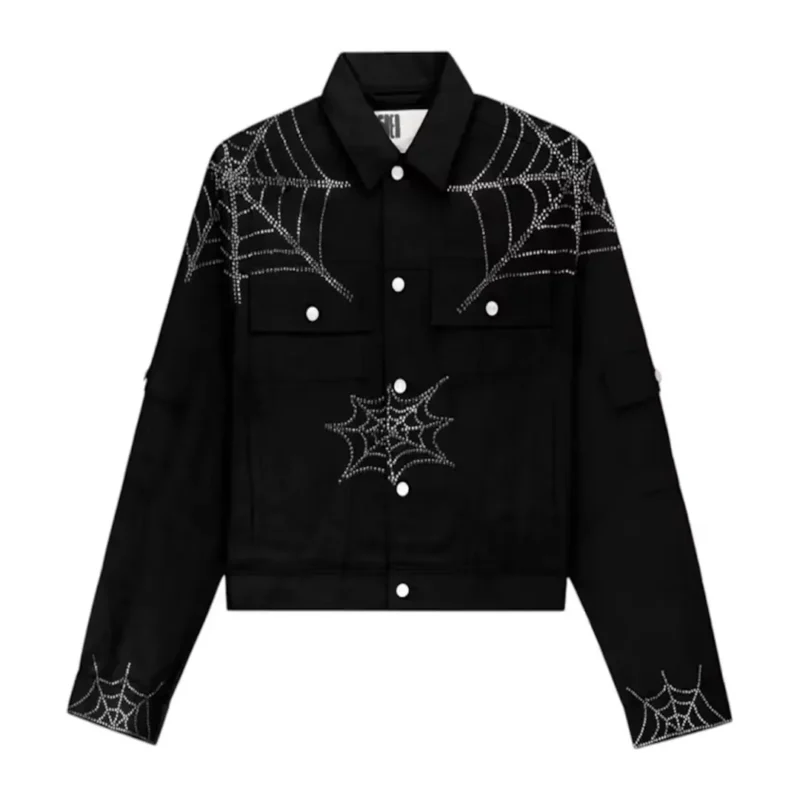 Sp5der Web Denim Cropped Trucker Jacket Black Front